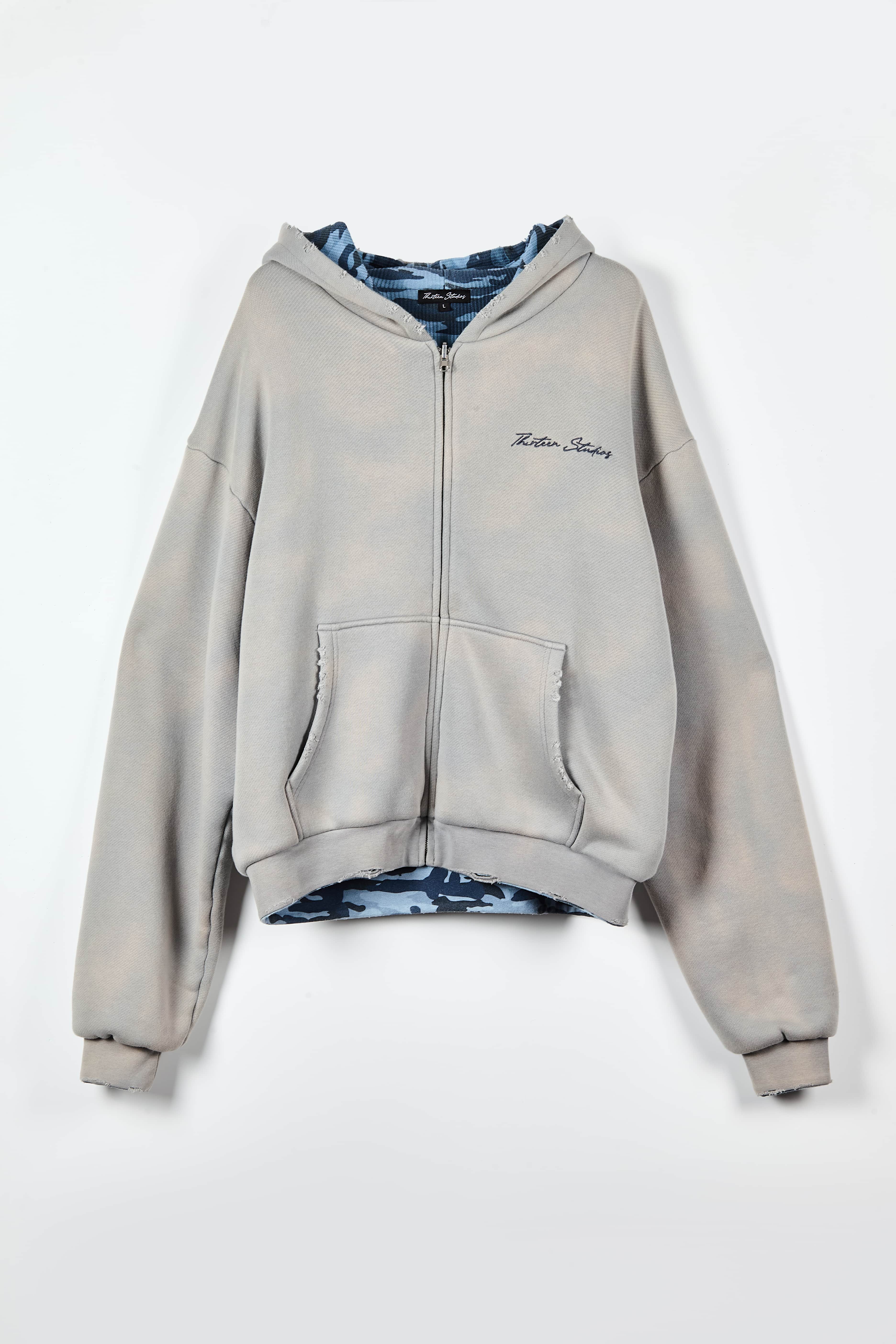 Vintage Washed Grey Camo Lined Zip-Up Hoodie with Distressed Details